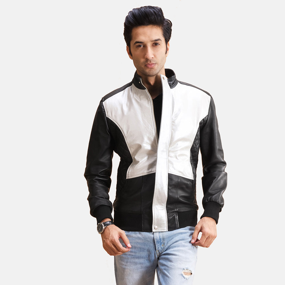 Spade Silver Noir Blouson Bomber en Cuir pour Homme in Black Sheepskin Leather - Vue de face &amp; silhouette ajustée | Acheter en ligne