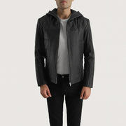 Men's Spratt Noir Hooded Veste en Cuir pour Homme in Black Goatskin Leather - Vue de face &amp; silhouette ajustée | Acheter en ligne