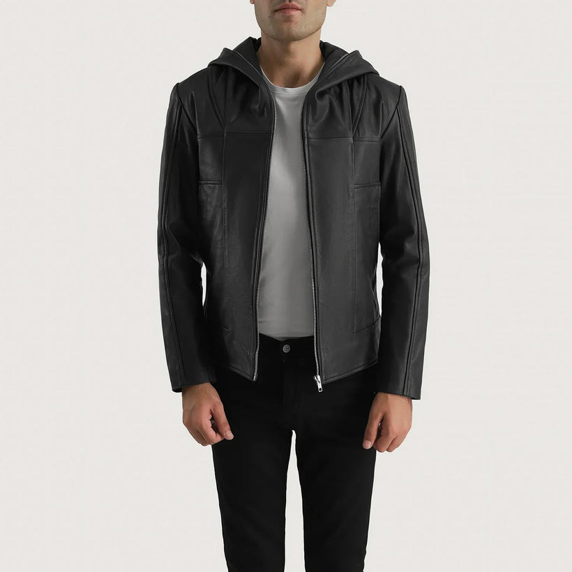 Spratt Noir Hooded Veste en Cuir pour Homme