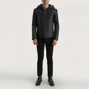 Vue détaillée of Hooded &amp; Zipper Hardware on Men's Spratt Noir Hooded Veste en Cuir pour Homme