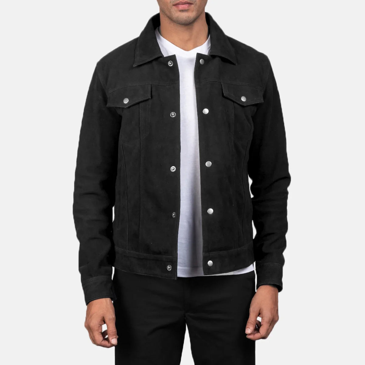Men's Stallon Black Suede Jacket in Black Goatskin Suede - Vue de face &amp; silhouette ajustée | Acheter en ligne