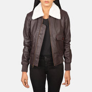 Women's Stella G-1 Maroon Leather Bomber Jacket in Maroon Sheepskin Leather - Vue de face &amp; silhouette ajustée | Acheter en ligne
