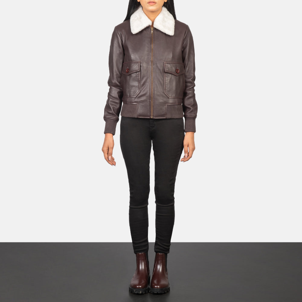 Women's Stella G-1 Maroon Leather Bomber Jacket - Vue de profil avec coupe de manche ergonomique
