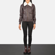 Women's Stella G-1 Maroon Leather Bomber Jacket - Vue de profil avec coupe de manche ergonomique