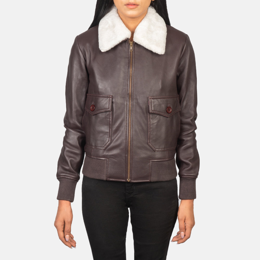 Vue détaillée of Shirt with Removable Collar &amp; Zipper Hardware on Women's Stella G-1 Maroon Leather Bomber Jacket