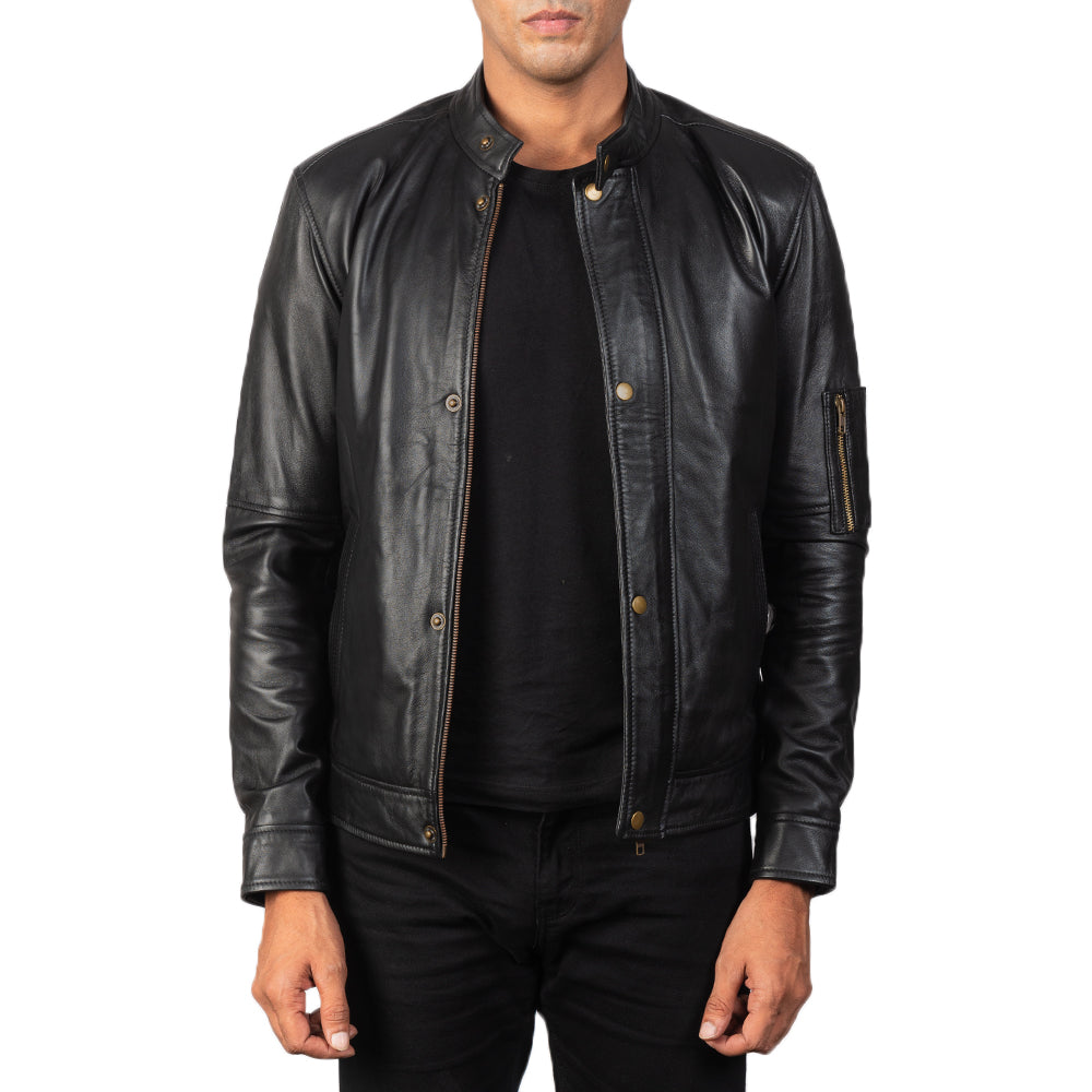Men's Tea House Noir Veste Motard en Cuir pour Homme in Black Sheepskin Leather - Vue de face &amp; silhouette ajustée | Acheter en ligne