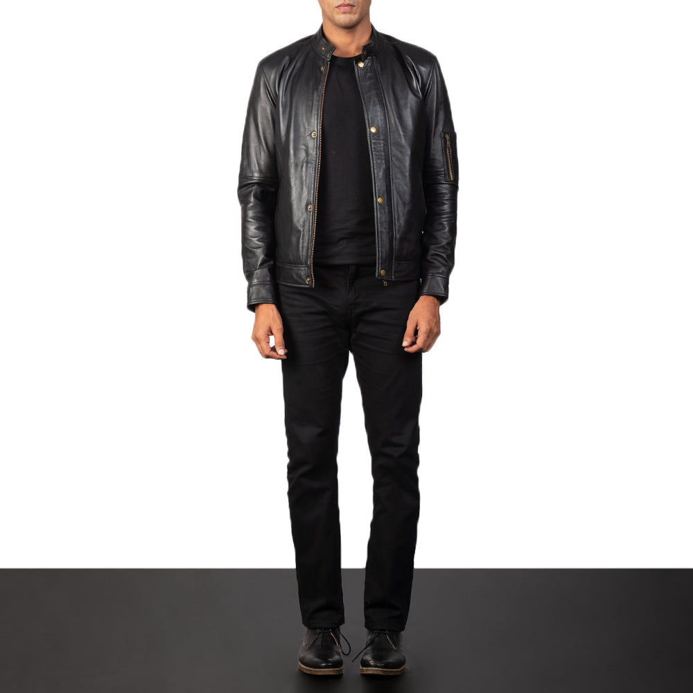Vue détaillée of Band with snap button &amp; Zipper Hardware on Men's Tea House Noir Veste Motard en Cuir pour Homme