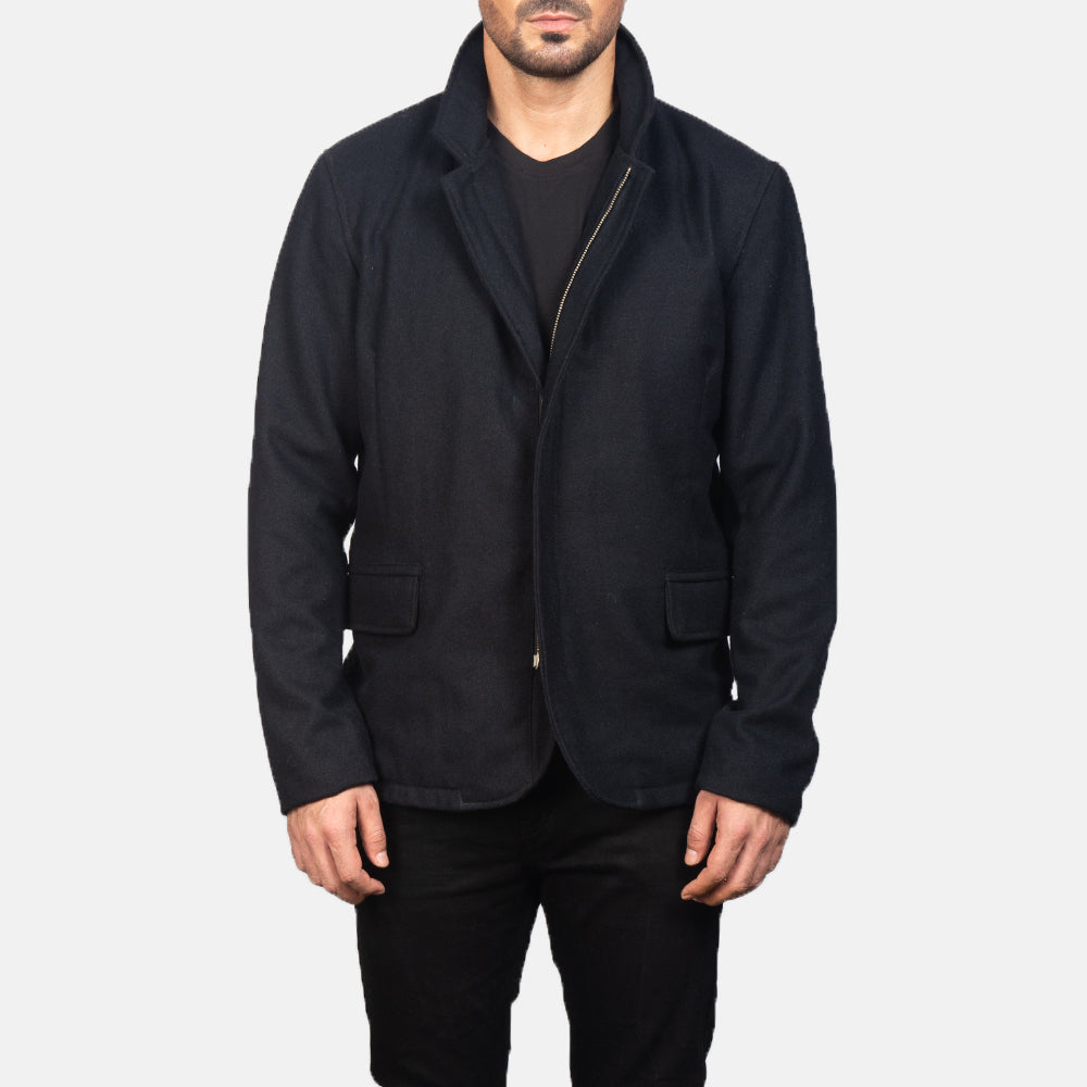 
Vue détaillée of Nehru & Zipper with Dual Puller Hardware on Thomas Noir Wool Veste en Cuir pour Homme