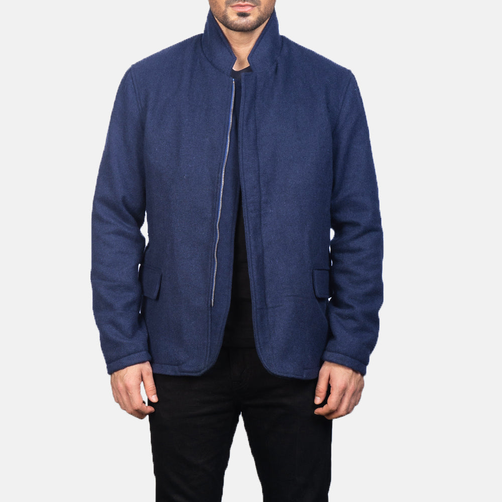 Men's Thomas Bleu Wool Veste en Cuir pour Homme in Navy Blue Synthetic Wool - Vue de face &amp; silhouette ajustée | Acheter en ligne