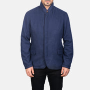 Vue détaillée of Nehru &amp; Zipper with Dual Puller Hardware on Men's Thomas Bleu Wool Veste en Cuir pour Homme
