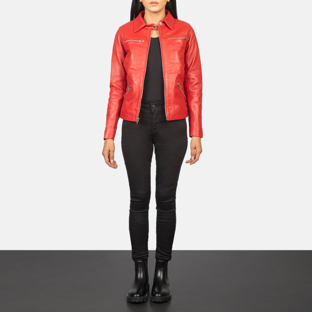 Women's Tomachi Red Leather Jacket - Vue de profil avec coupe de manche ergonomique
