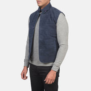 Blue Goatskin Suede Leather Vest - Vue de dos avec coupe ajustée aux épaules &amp; ourlet soigné
