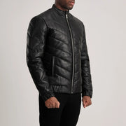 Black Sheepskin Leather Puffer Jacket - Vue de dos avec coupe ajustée aux épaules &amp; ourlet soigné
