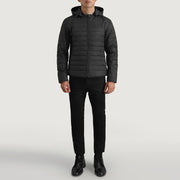 Tyler Noir Hooded Puffer Veste en Cuir pour Homme - Vue de profil avec coupe de manche ergonomique