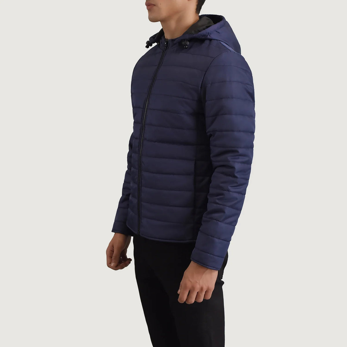 Blue Full-Grain Leather Hooded Jacket - Vue de dos avec coupe ajustée aux épaules &amp; ourlet soigné