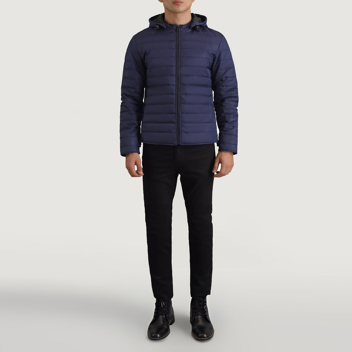 Tyler Bleu Hooded Puffer Veste en Cuir pour Homme - Vue de profil avec coupe de manche ergonomique