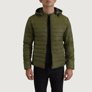 Tyler Vert Hooded Puffer Veste en Cuir pour Homme in Green Full-Grain Leather - Vue de face &amp; silhouette ajustée | Acheter en ligne