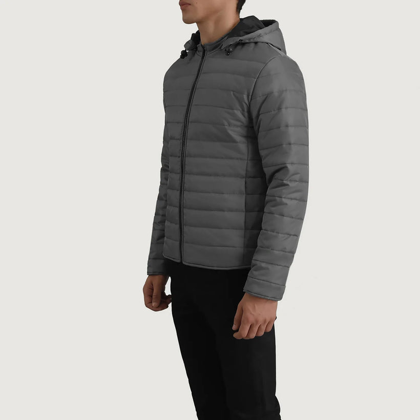 Tyler Gris Hooded Puffer Veste en Cuir pour Homme