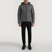 Tyler Gris Hooded Puffer Veste en Cuir pour Homme - Vue de profil avec coupe de manche ergonomique