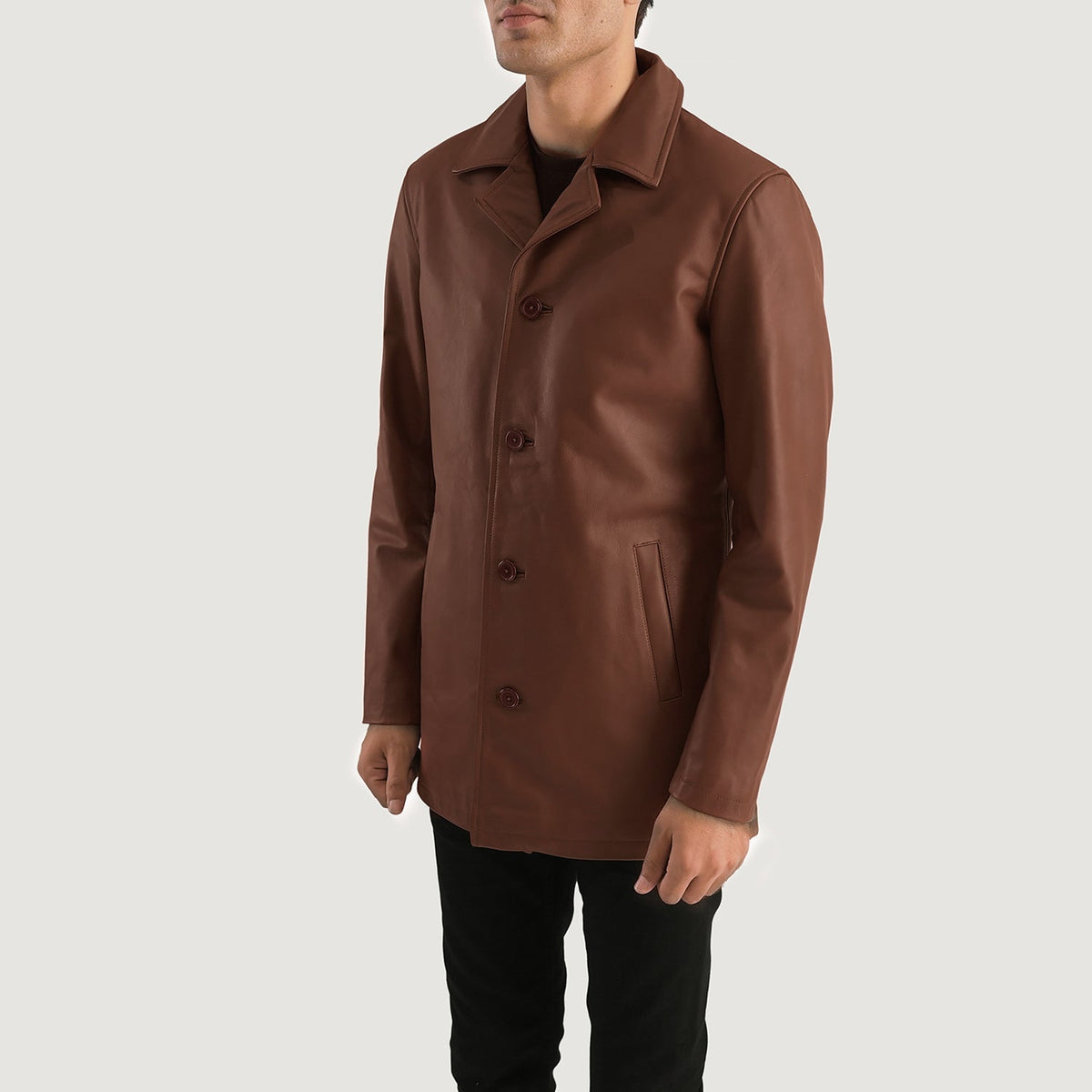 
Brown Cowhide leather Coat - Vue arrière montrant la carrure ajustée et l'ourlet net