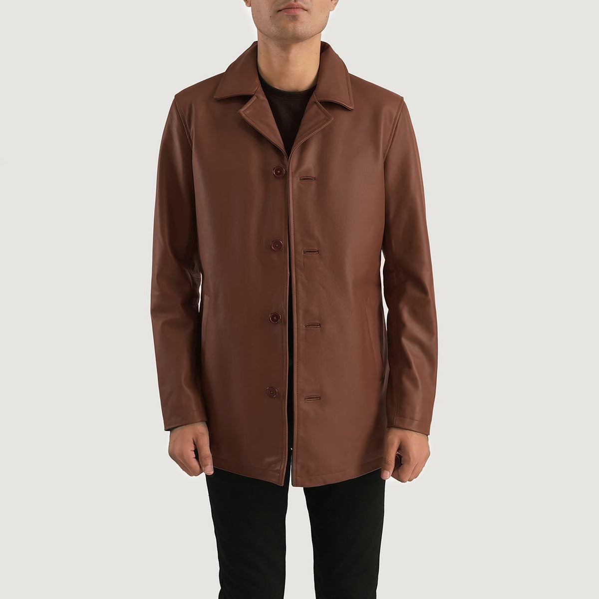 
Vue détaillée of Notch & Button Hardware on Urban Slate Marron Manteau en Cuir pour Homme