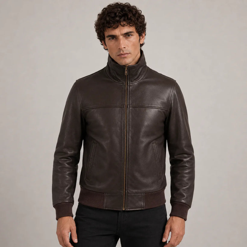 Marron Foncé Sheepskin Blouson Bombardier en Cuir pour Homme