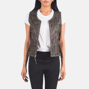 
Vanda Marron Vieilli Leather Biker Vest pour Femme - Vue de face & silhouette ajustée | Acheter en ligne