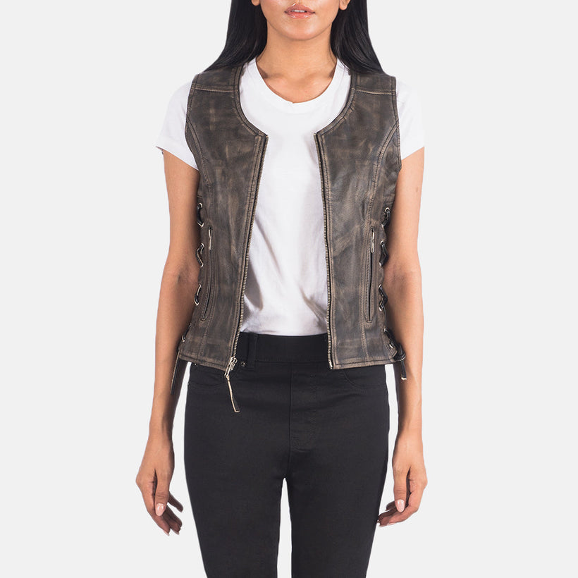 Vanda Marron Vieilli Leather Biker Vest pour Femme