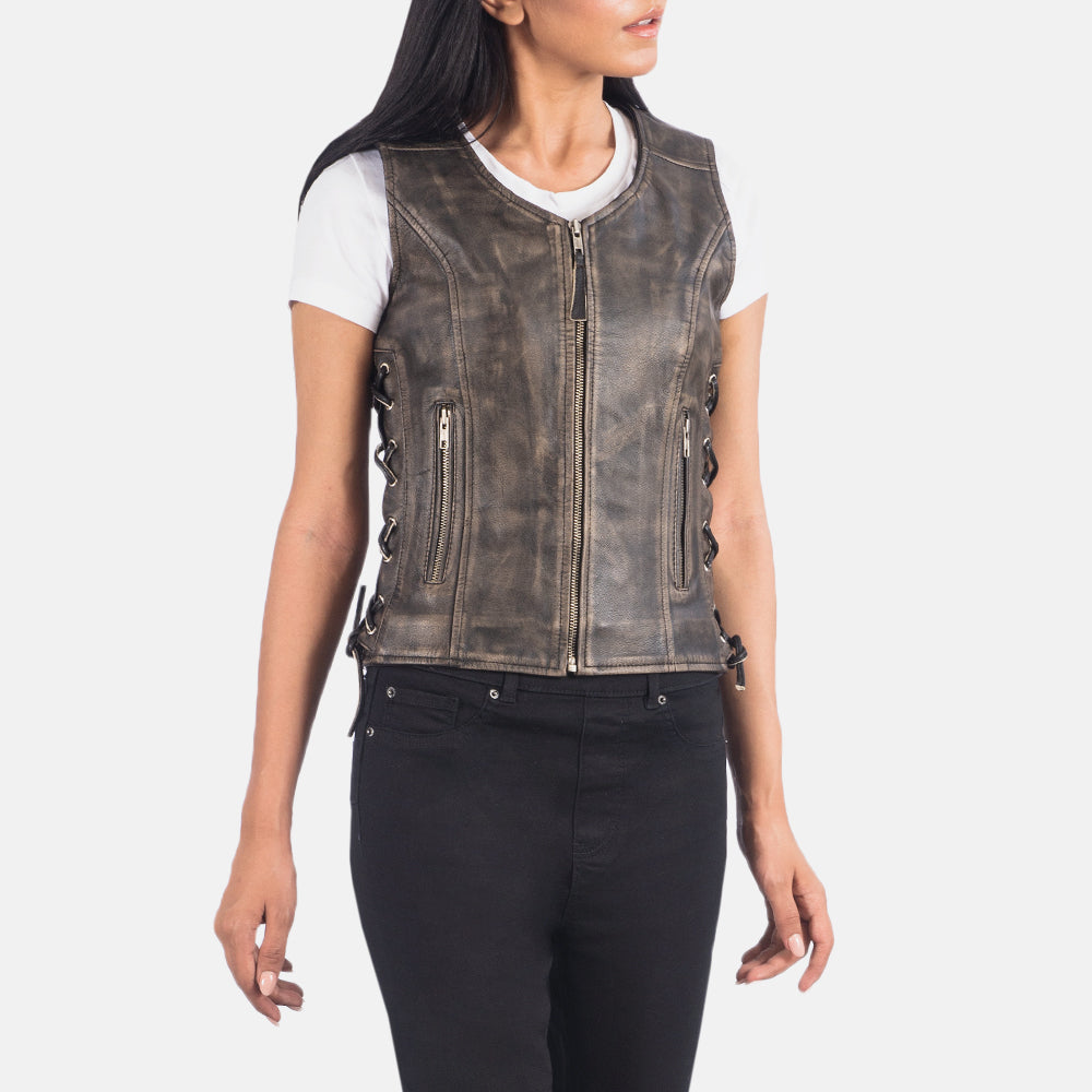 
Vanda Marron Vieilli Leather Biker Vest pour Femme - Vue arrière montrant la carrure ajustée et l'ourlet net