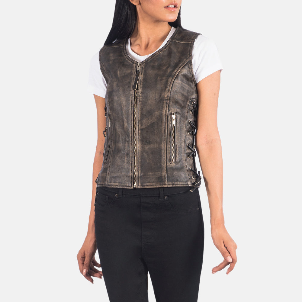 
Vue détaillée of V-neck & Zipper Hardware on Vanda Marron Vieilli Leather Biker Vest pour Femme