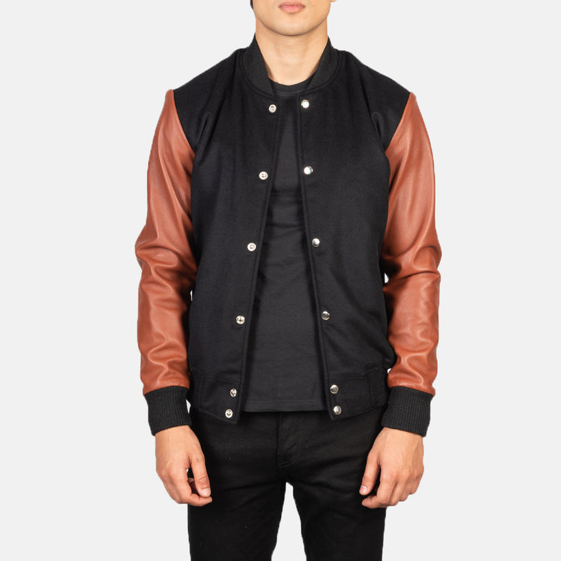 Vaxton Marron & Noir Hybrid Varsity Veste en Cuir pour Homme