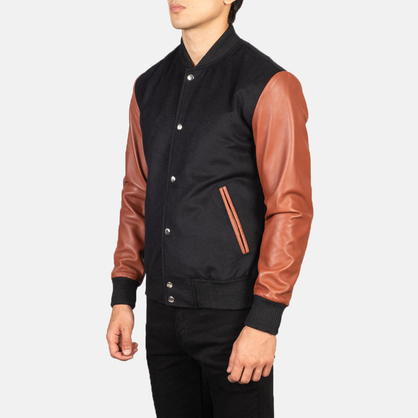 Vaxton Marron & Noir Hybrid Varsity Veste en Cuir pour Homme