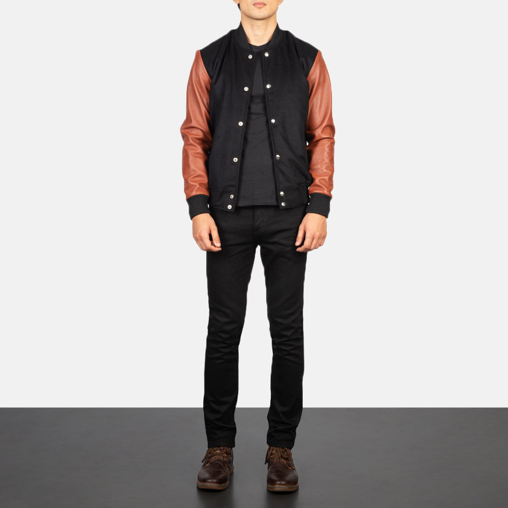 Vaxton Brown Hybrid Varsity Jacket - Vue de profil mettant en valeur la coupe de manche