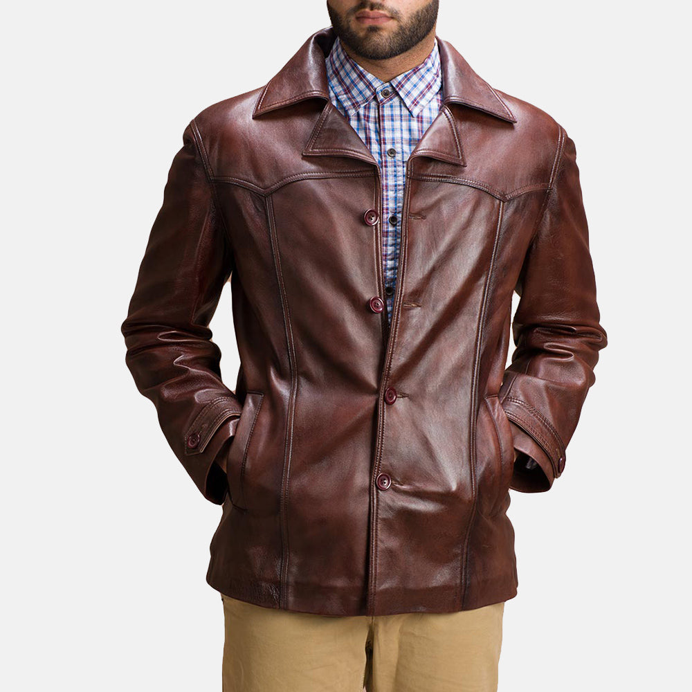 
Brown Sheepskin leather Coat - Vue arrière montrant la carrure ajustée et l'ourlet net
