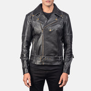 Men's Vincent Black Leather Biker Jacket in Distressed Black Cow Hide Leather - Vue de face &amp; silhouette ajustée | Acheter en ligne