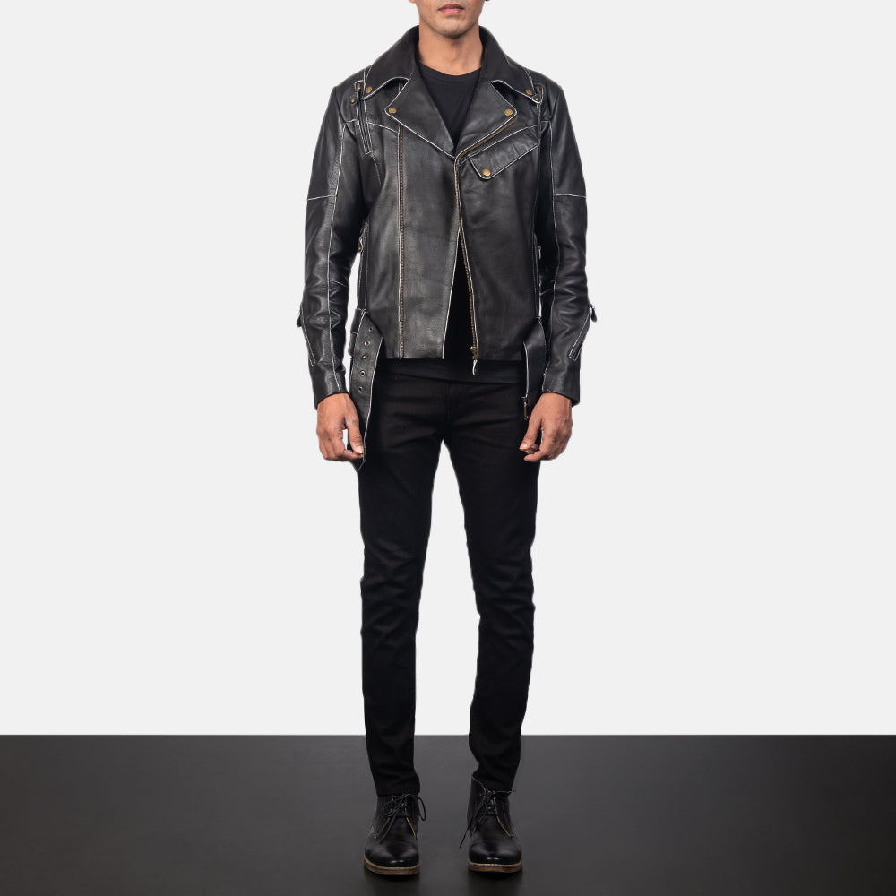 Men's Vincent Black Leather Biker Jacket - Vue de profil avec coupe de manche ergonomique