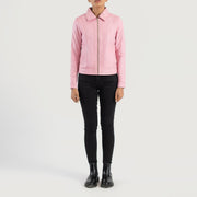 Women's Vixen Pink Classic Collar Leather Jacket - Vue de profil avec coupe de manche ergonomique