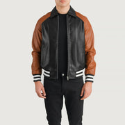 
Walton Blue Leather Varsity Jacket in Blue Sheepskin Leather - Vue de face & silhouette ajustée | Acheter en ligne