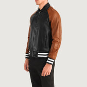 
Blue Sheepskin Leather Varsity Jacket - Vue arrière montrant la carrure ajustée et l'ourlet net