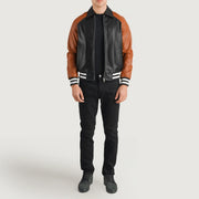 
Walton Blue Leather Varsity Jacket - Vue de profil mettant en valeur la coupe de manche ergonomique