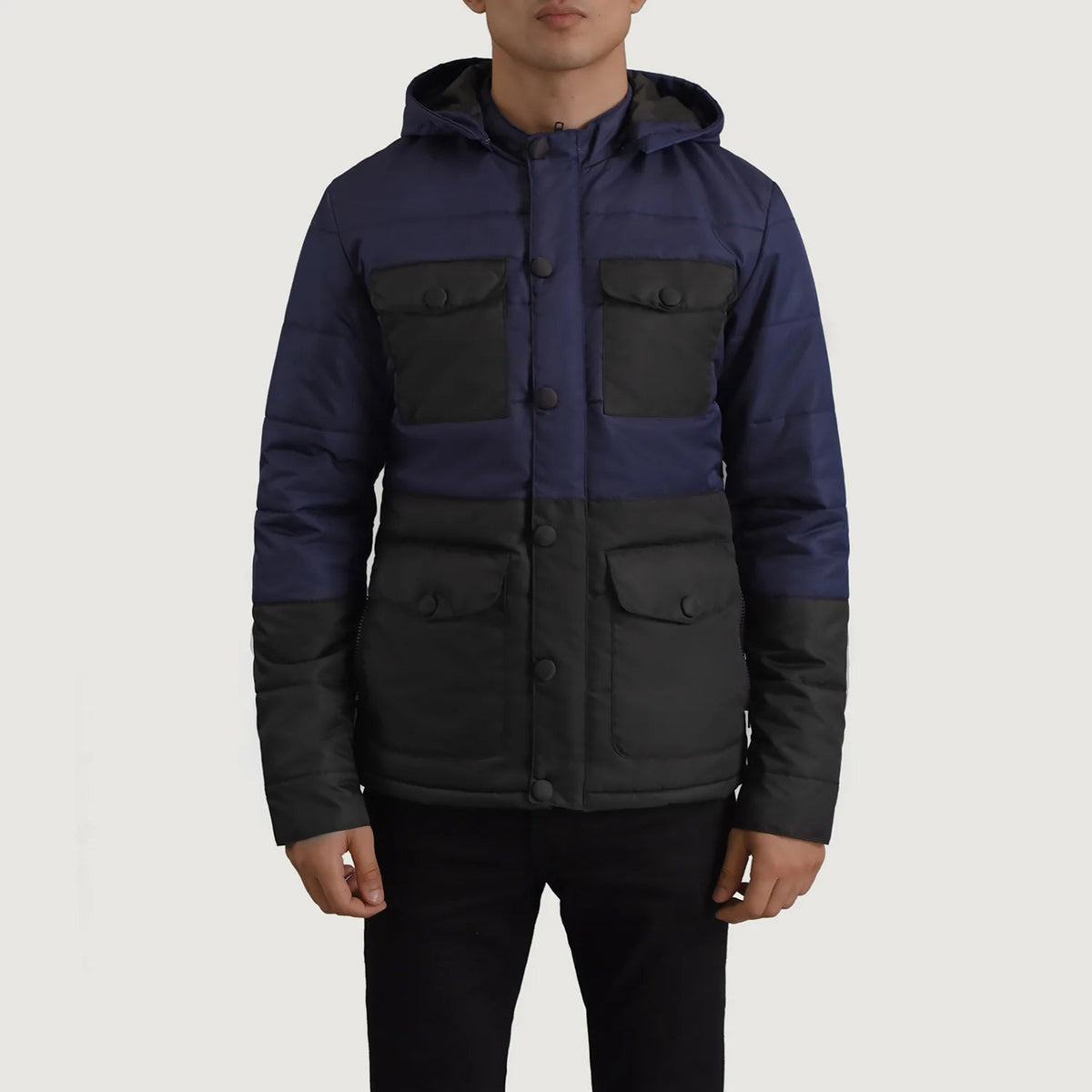 
Vue détaillée of Classic Collar & Heavy-Duty Zipper Hardware on Wayne Noir & Bleu Hooded Puffer Veste en Cuir pour Homme