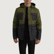 
Wayne Noir & Vert Hooded Puffer Veste en Cuir pour Homme in Black + Green Full-Grain Leather - Vue de face & silhouette ajustée | Acheter en ligne