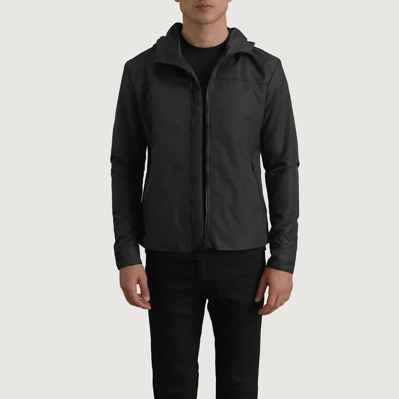 Wesley Noir Hooded Windbreaker Veste en Cuir pour Homme