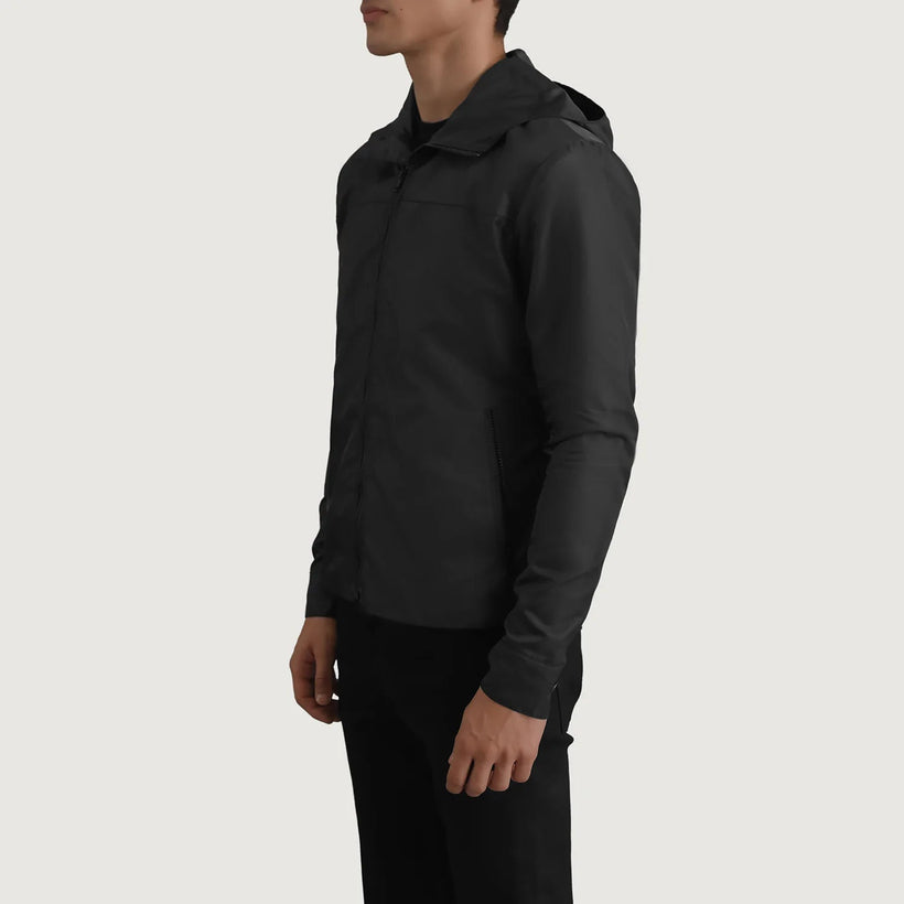 Wesley Noir Hooded Windbreaker Veste en Cuir pour Homme