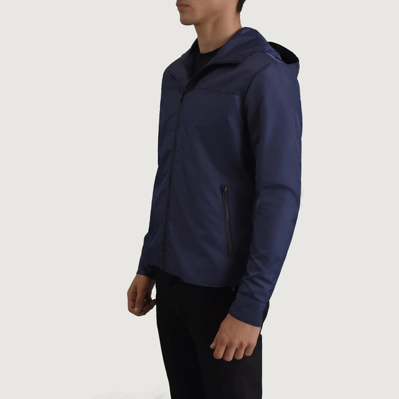 Wesley Bleu Hooded Windbreaker Veste en Cuir pour Homme