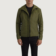 
Wesley Vert Hooded Windbreaker Veste en Cuir pour Homme in Green Full-Grain Leather - Vue de face & silhouette ajustée | Acheter en ligne