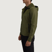 
Green Full-Grain Leather Hooded Jacket - Vue arrière montrant la carrure ajustée et l'ourlet net