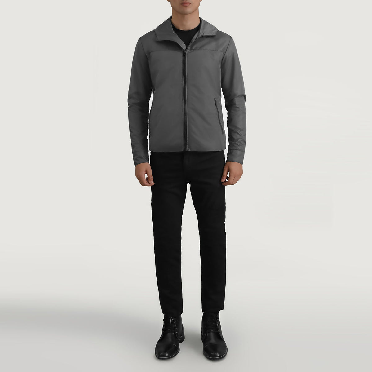 
Wesley Gris Hooded Windbreaker Veste en Cuir pour Homme - Vue de profil mettant en valeur la coupe de manche ergonomique
