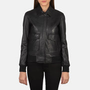 Vue détaillée of Shirt &amp; Zipper with Button Flap Hardware on Women's Westa A-2 Black Leather Bomber Jacket