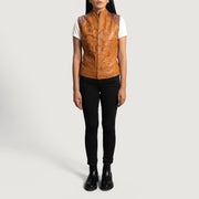 
Vue détaillée of Classic Collar & Zipper Hardware on Westina Camel Dye Gilet en Cuir pour Femme